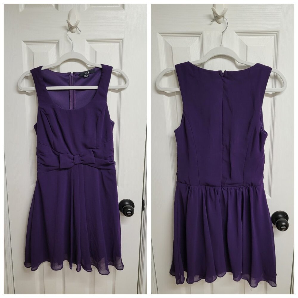 Royal purple fit and flare dress with bow, XS
